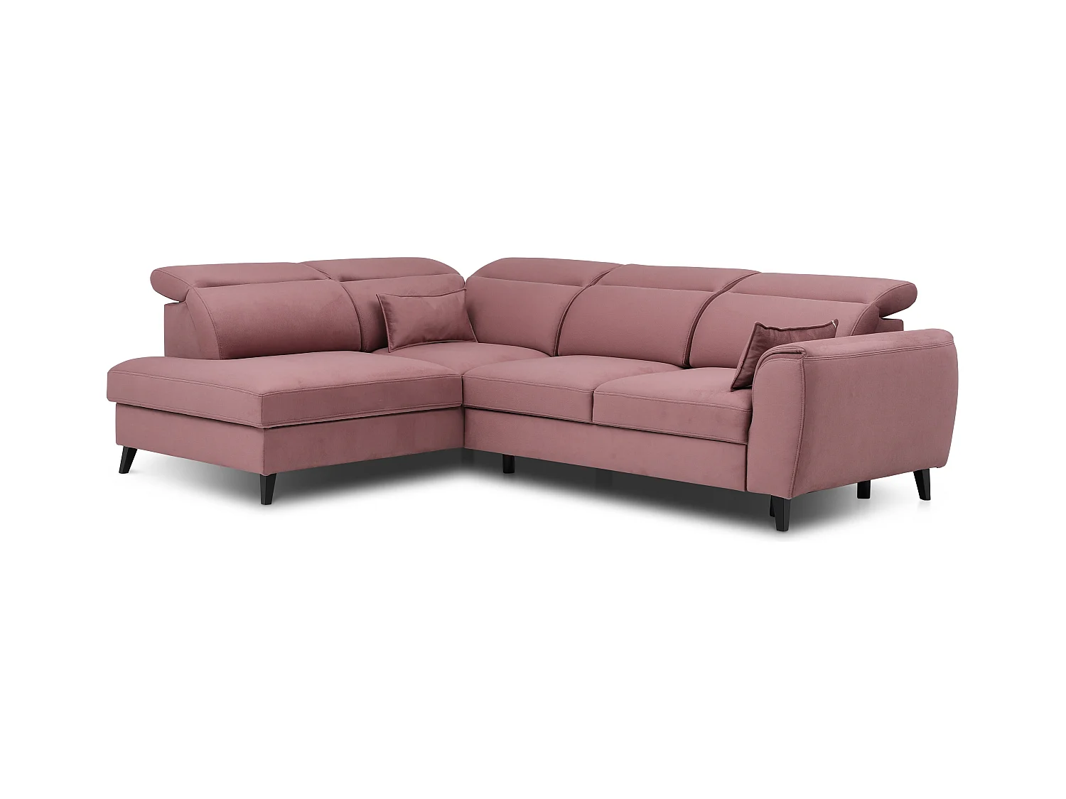 Canapé d'angle convertible avec rangement velours NOBLESSE - Pieds bois noir-Rose poudré-angle gauche