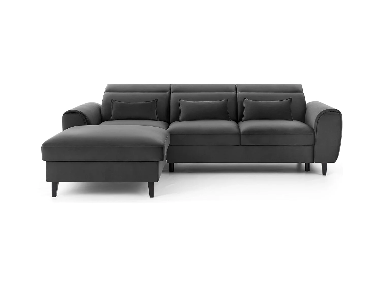 Canapé d'angle convertible velours appuis-tête réglables ASTORIA - Coffre et pieds bois noir-Gris foncé-angle gauche