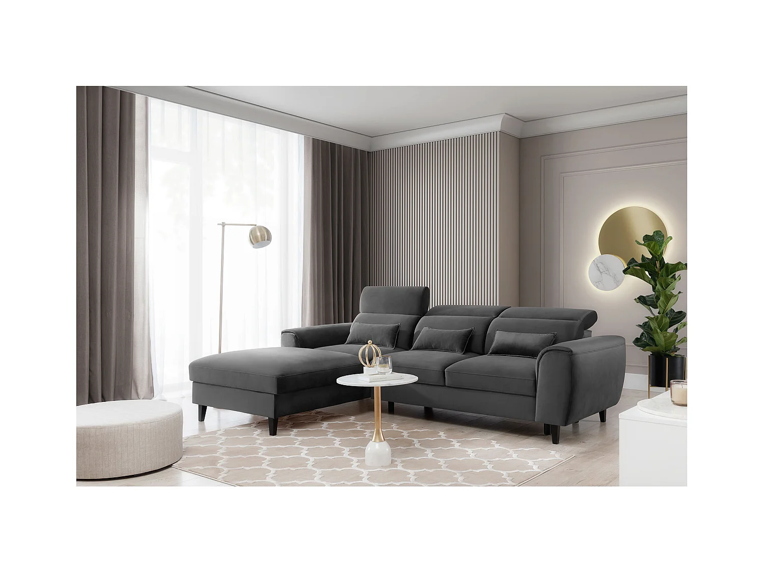 Canapé d'angle convertible velours appuis-tête réglables ASTORIA - Coffre et pieds bois noir-Gris foncé-angle gauche