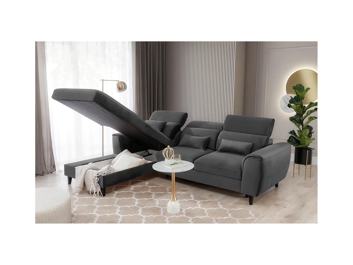 Canapé d'angle convertible velours appuis-tête réglables ASTORIA - Coffre et pieds bois noir-Gris foncé-angle gauche