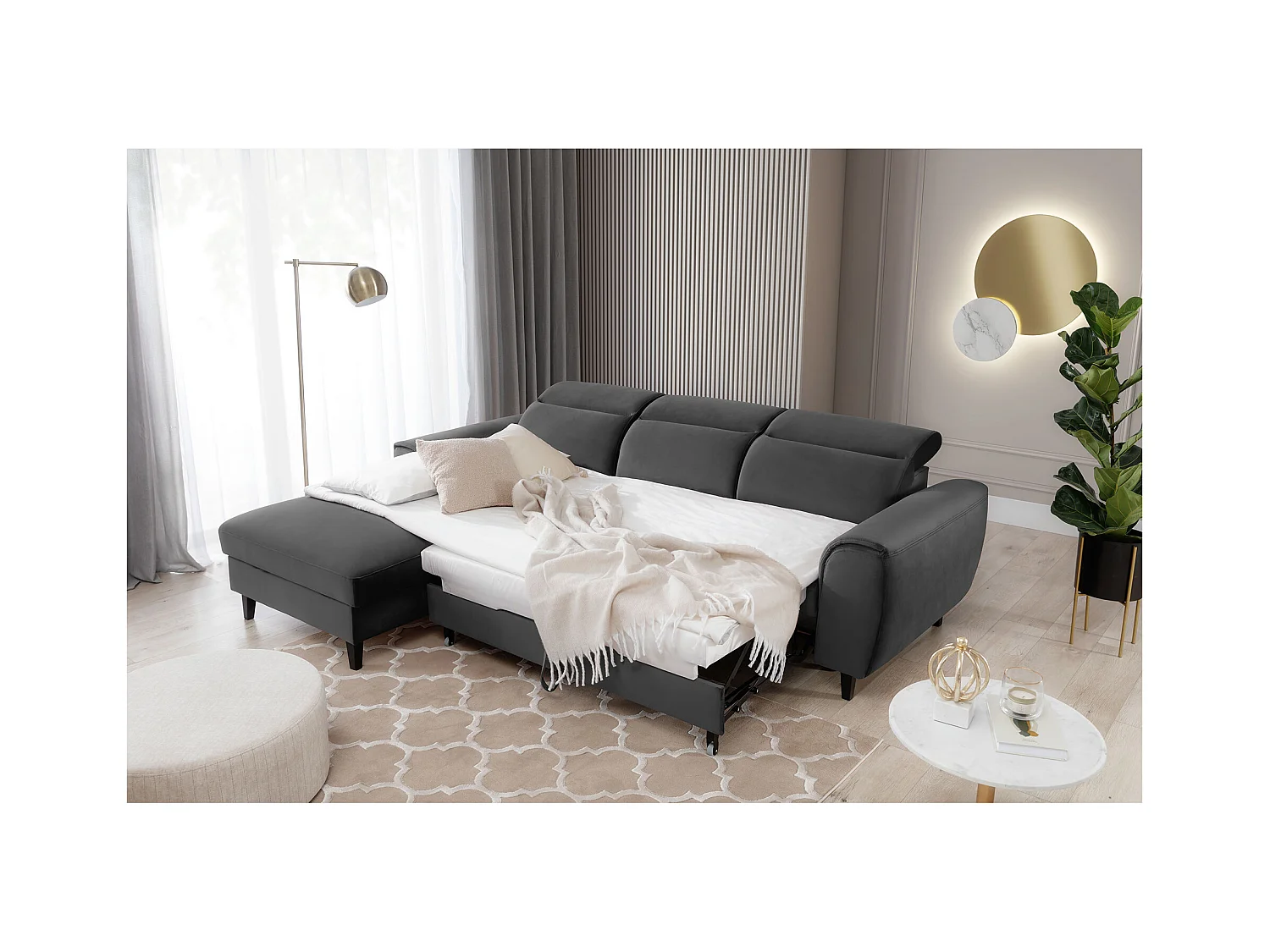 Canapé d'angle convertible velours appuis-tête réglables ASTORIA - Coffre et pieds bois noir-Gris foncé-angle gauche