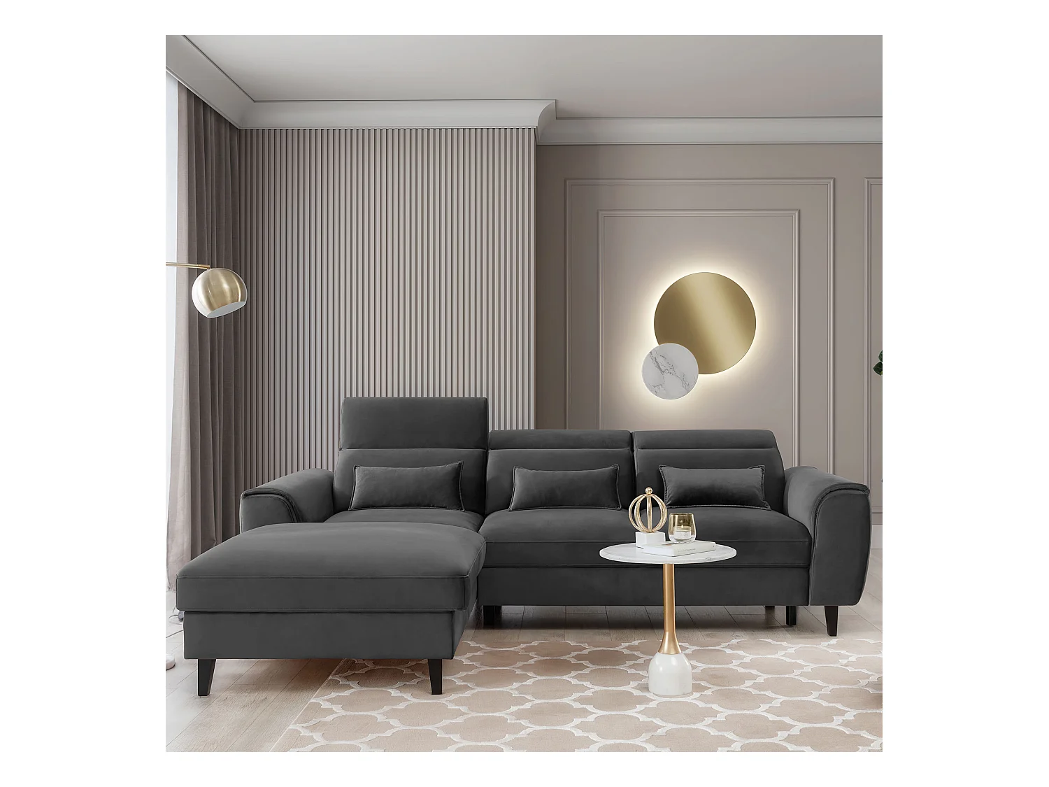 Canapé d'angle convertible velours appuis-tête réglables ASTORIA - Coffre et pieds bois noir-Gris foncé-angle gauche