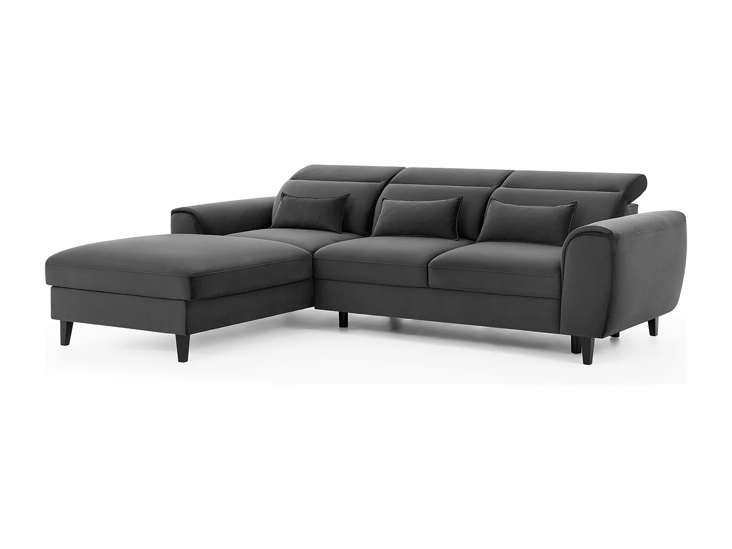 Canapé d'angle convertible velours appuis-tête réglables ASTORIA - Coffre et pieds bois noir-Gris foncé-angle gauche