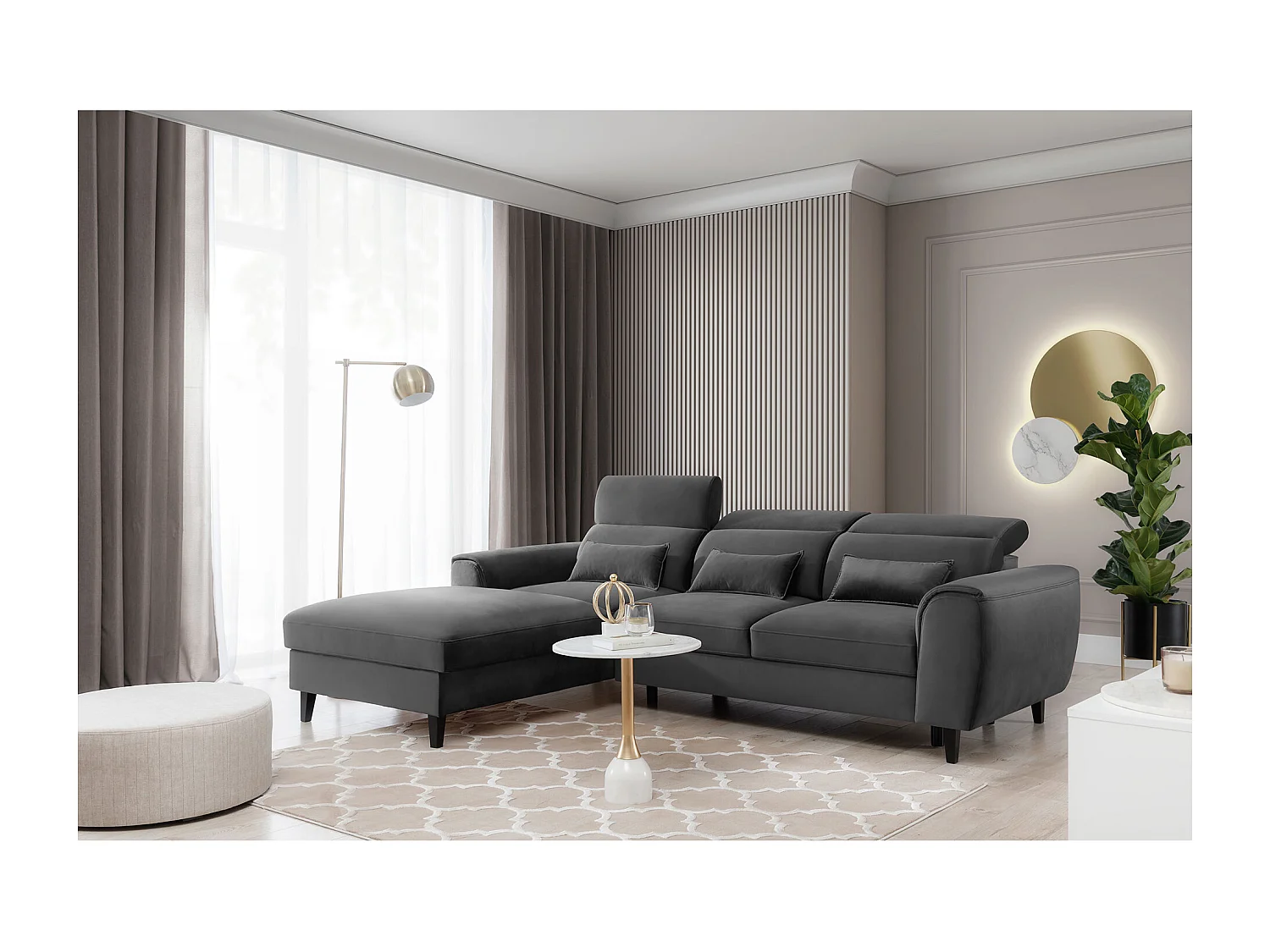 Canapé d'angle convertible velours appuis-tête réglables ASTORIA - Coffre et pieds bois noir-Gris foncé-angle gauche