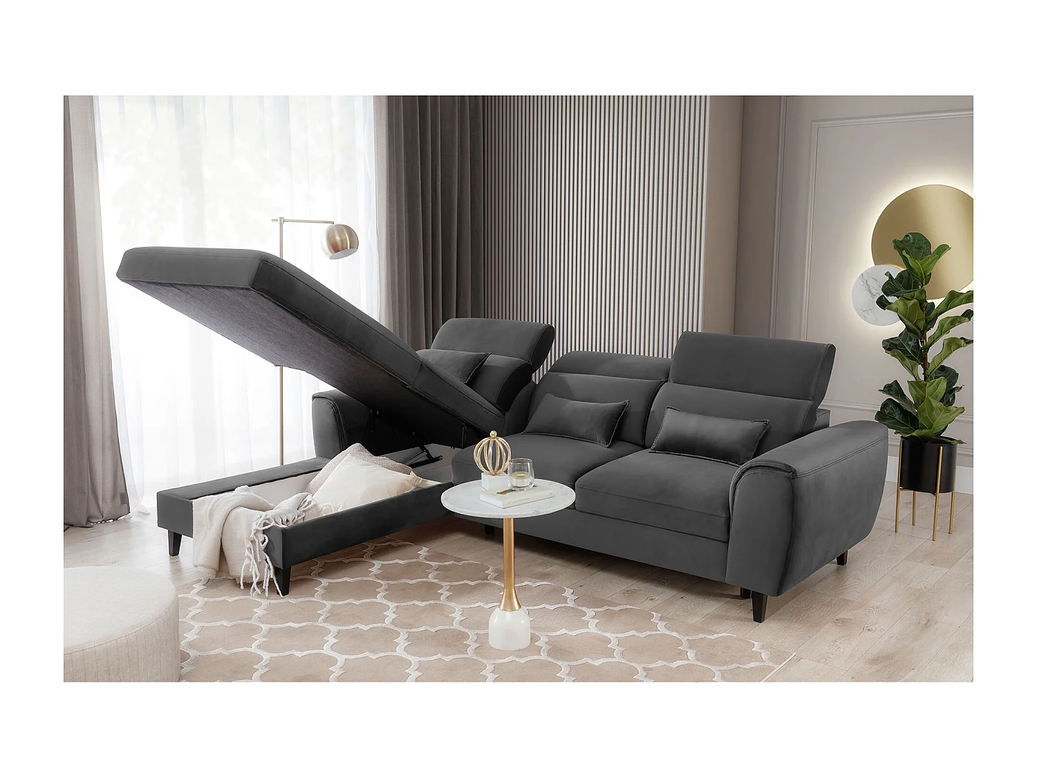 Canapé d'angle convertible velours appuis-tête réglables ASTORIA - Coffre et pieds bois noir-Gris foncé-angle gauche