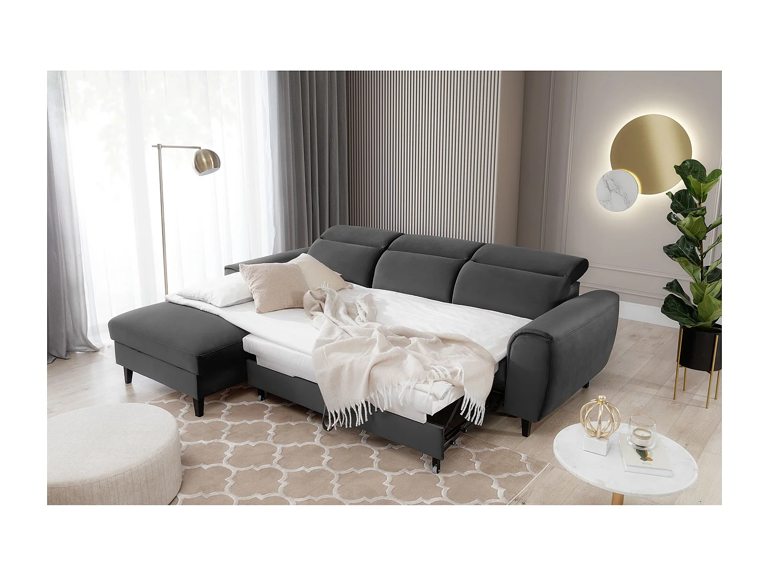 Canapé d'angle convertible velours appuis-tête réglables ASTORIA - Coffre et pieds bois noir-Gris foncé-angle gauche