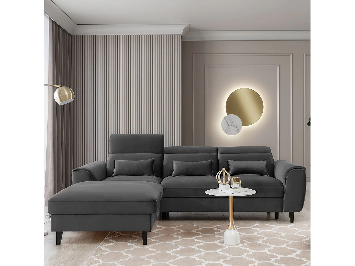 Canapé d'angle convertible velours appuis-tête réglables ASTORIA - Coffre et pieds bois noir-Gris foncé-angle gauche