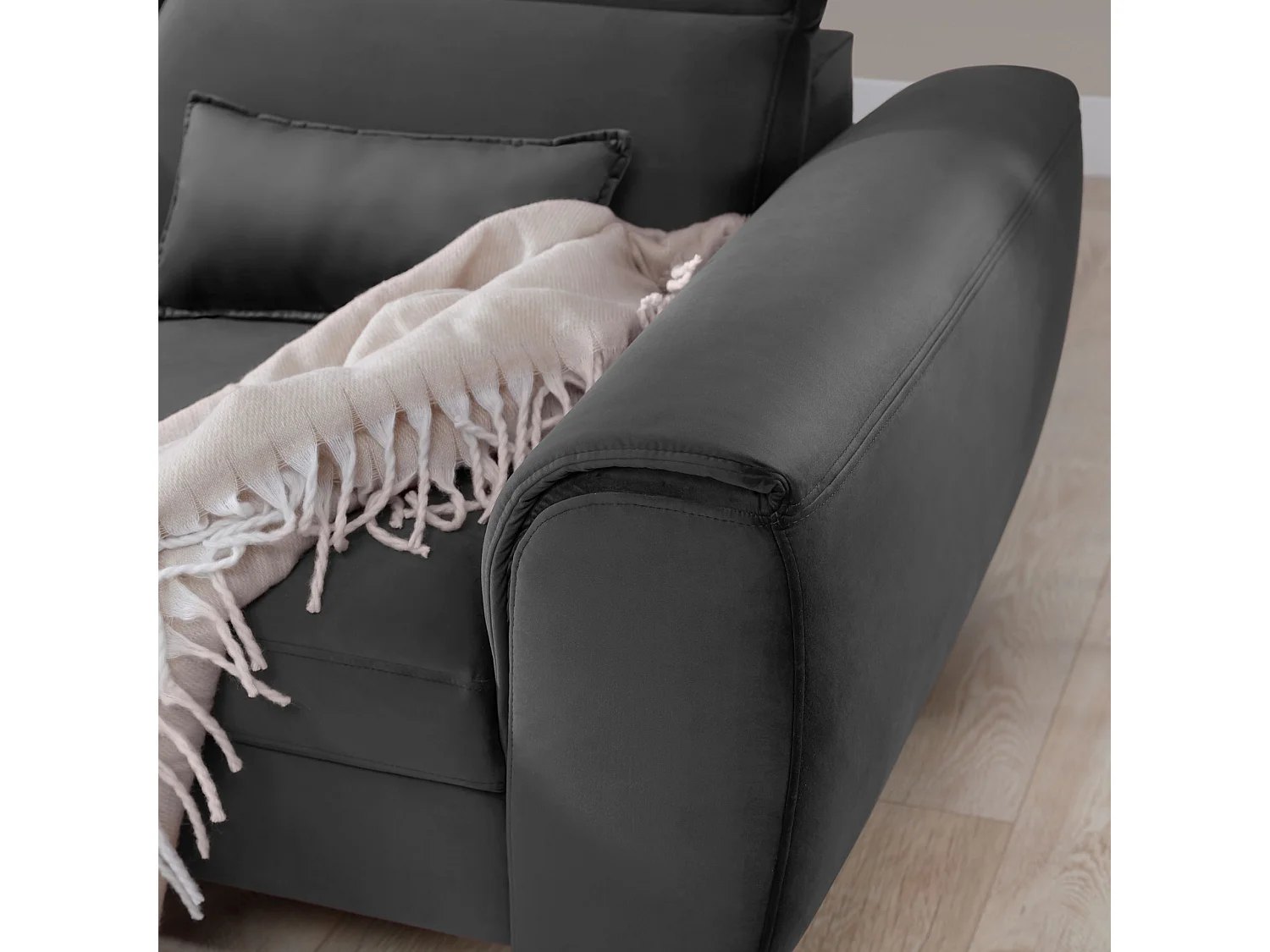 Canapé d'angle convertible velours appuis-tête réglables ASTORIA - Coffre et pieds bois noir-Gris foncé-angle gauche