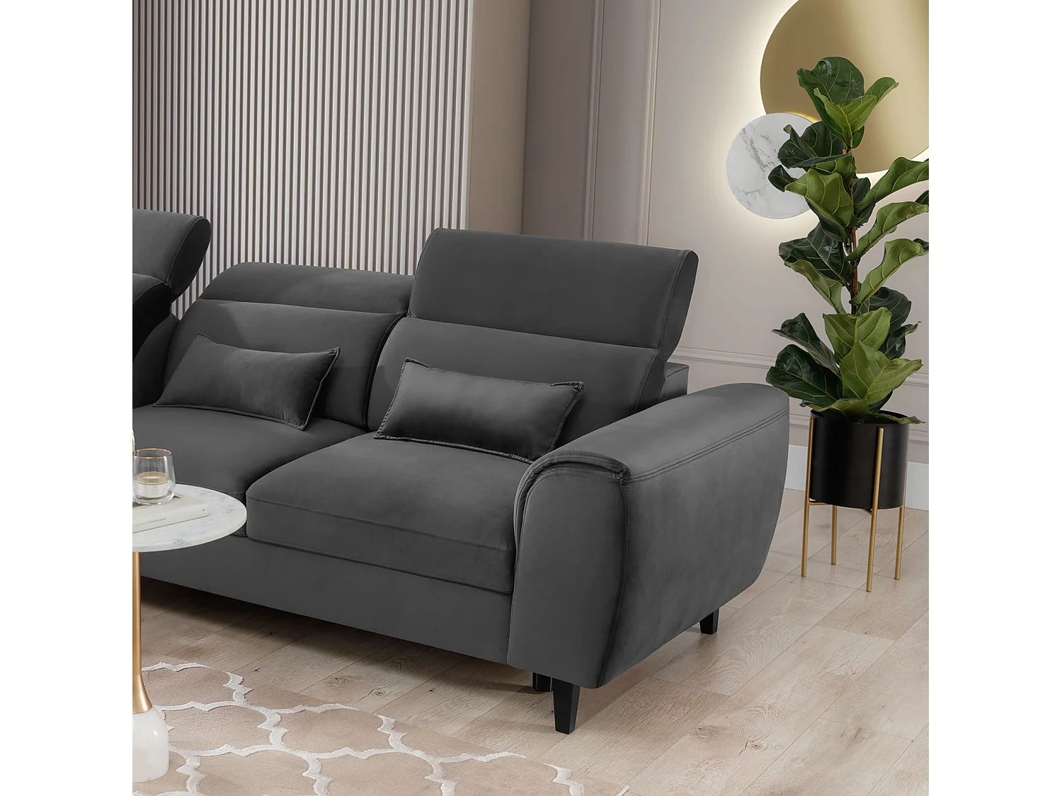 Canapé d'angle convertible velours appuis-tête réglables ASTORIA - Coffre et pieds bois noir-Gris foncé-angle gauche