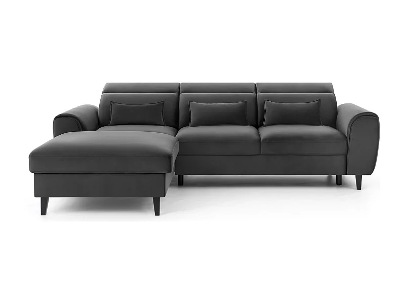 Canapé d'angle convertible velours appuis-tête réglables ASTORIA - Coffre et pieds bois noir-Gris foncé-angle gauche