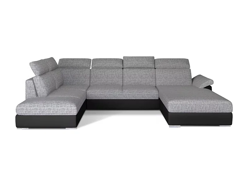 Canapé Convertible Panoramique LEVANO Tissu et Simili Cuir, Têtières-Noir/Gris clair chiné-Coffre à droite