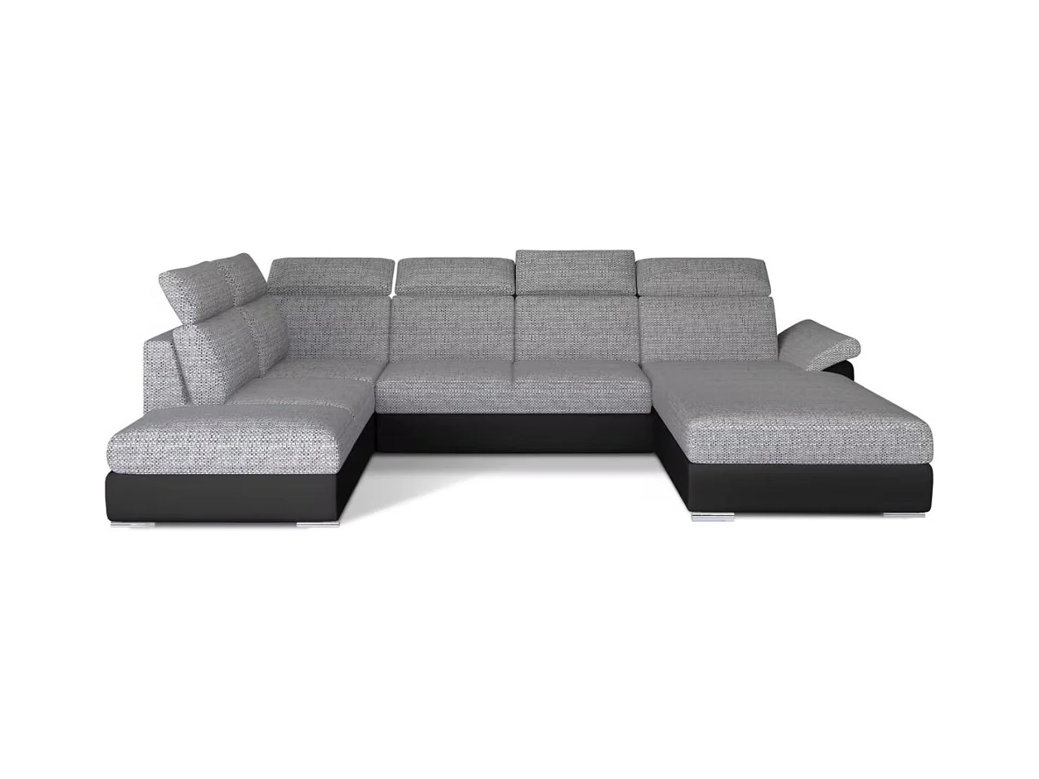 Canapé Convertible Panoramique LEVANO Tissu et Simili Cuir, Têtières-Noir/Gris clair chiné-Coffre à droite