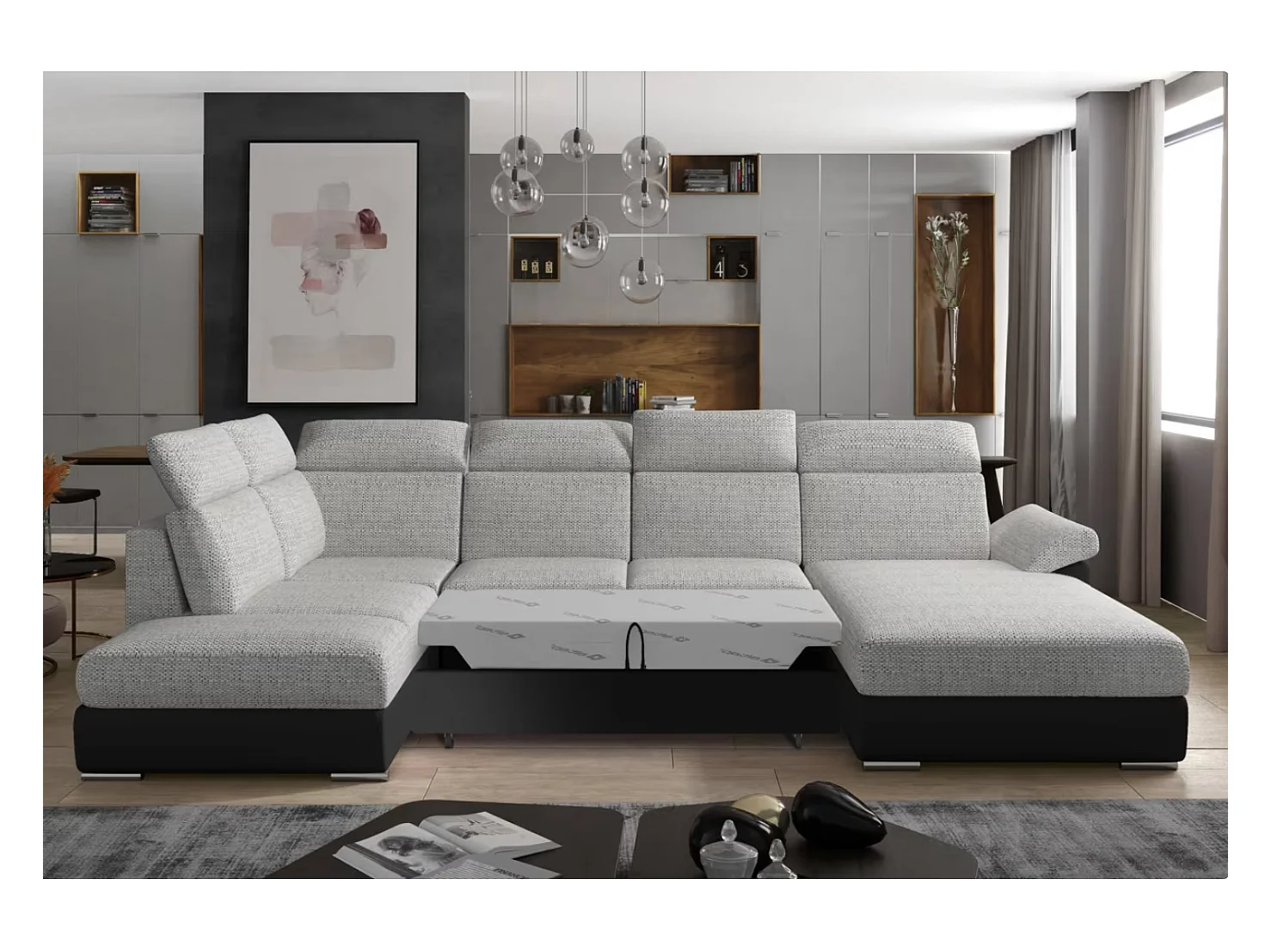 Canapé Convertible Panoramique LEVANO Tissu et Simili Cuir, Têtières-Noir/Gris clair chiné-Coffre à droite