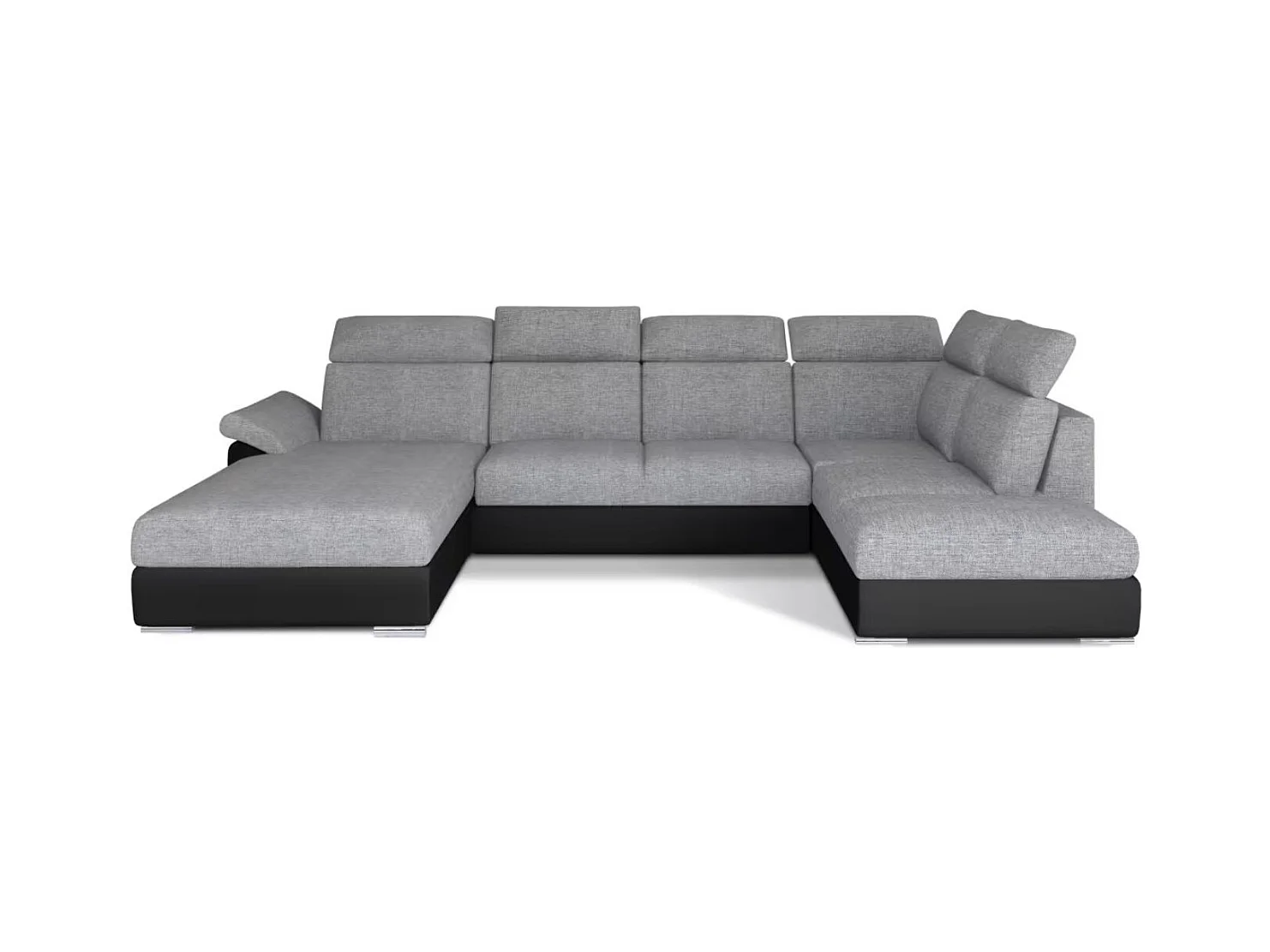Canapé Convertible Panoramique LEVANO Tissu et Simili Cuir, Têtières-Noir/Gris clair chiné-Coffre à droite