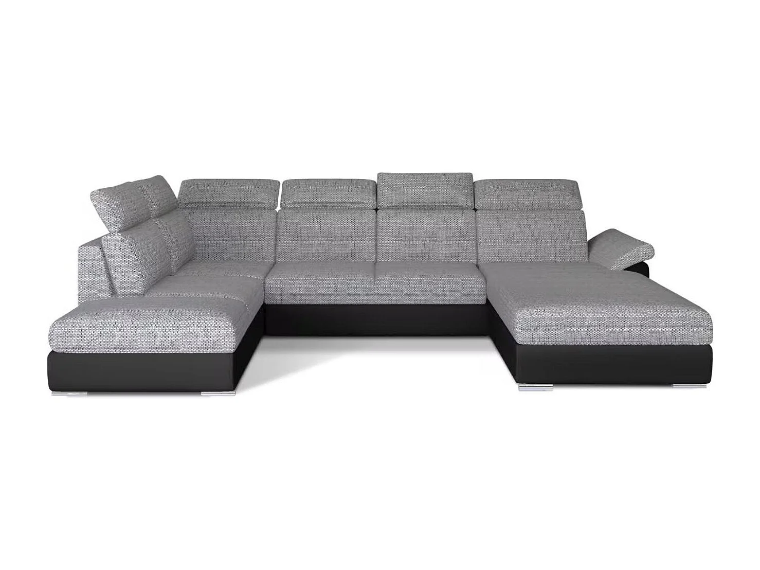 Canapé Convertible Panoramique LEVANO Tissu et Simili Cuir, Têtières-Noir/Gris clair chiné-Coffre à droite