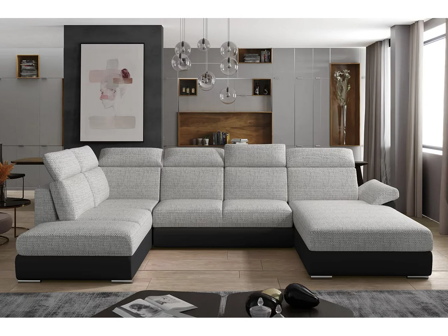 Canapé Convertible Panoramique LEVANO Tissu et Simili Cuir, Têtières-Noir/Gris clair chiné-Coffre à droite