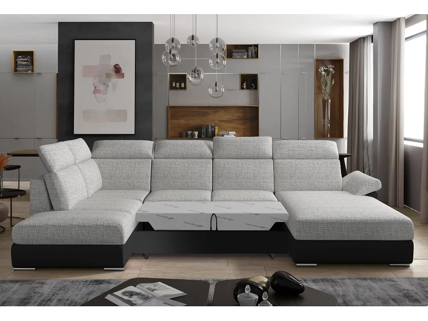 Canapé Convertible Panoramique LEVANO Tissu et Simili Cuir, Têtières-Noir/Gris clair chiné-Coffre à droite