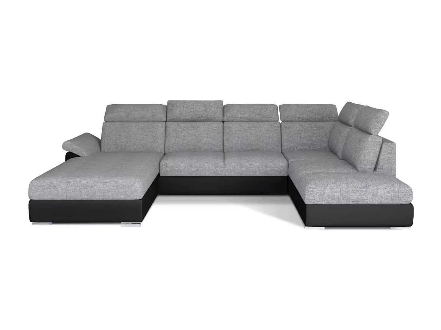 Canapé Convertible Panoramique LEVANO Tissu et Simili Cuir, Têtières-Noir/Gris clair chiné-Coffre à droite