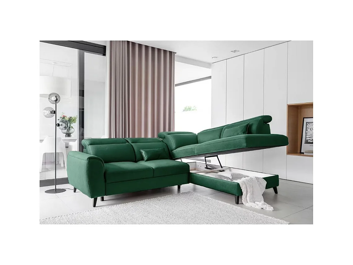 Canapé d'angle convertible avec rangement tissu NOBLESSE - Pieds bois noir-Vert-angle droit