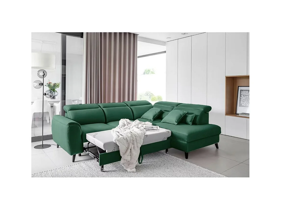 Canapé d'angle convertible avec rangement tissu NOBLESSE - Pieds bois noir-Vert-angle droit