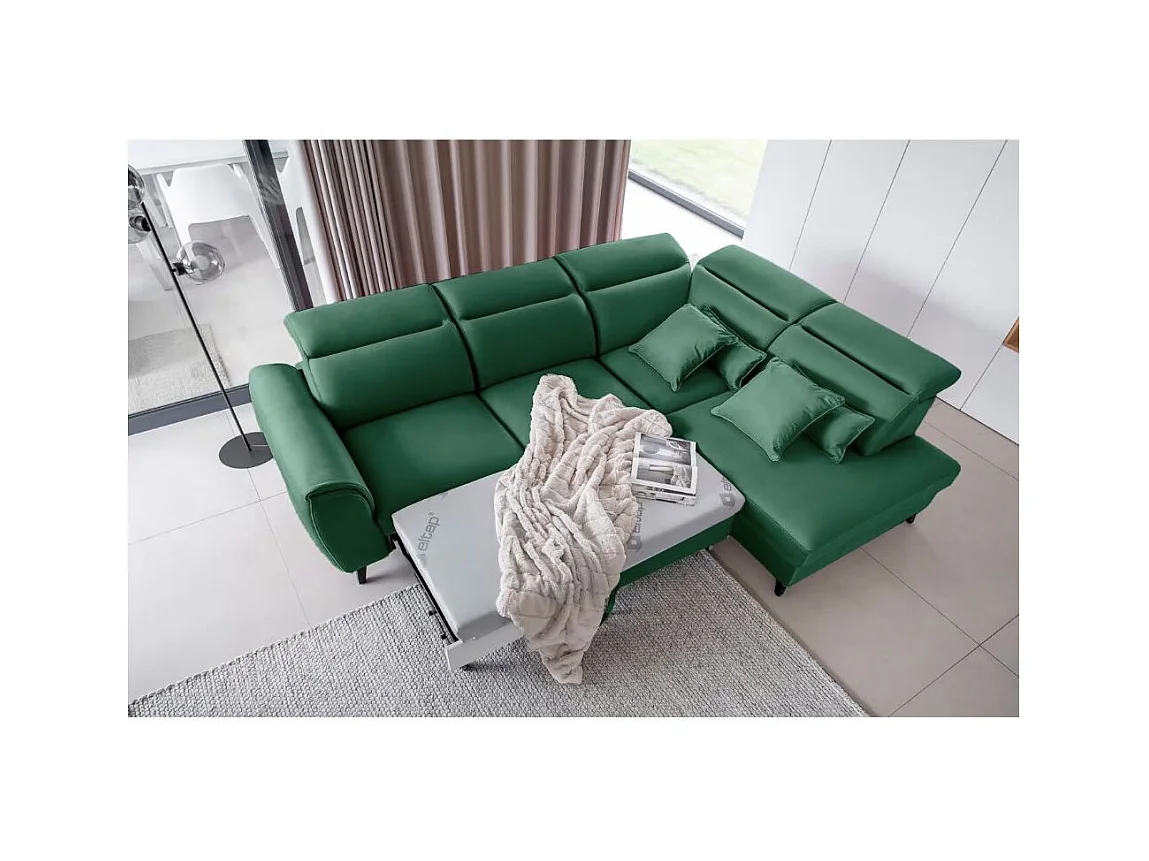 Canapé d'angle convertible avec rangement tissu NOBLESSE - Pieds bois noir-Vert-angle droit
