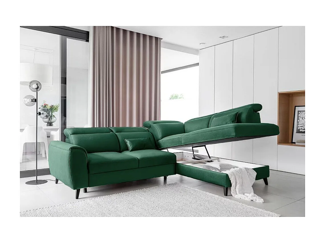 Canapé d'angle convertible avec rangement tissu NOBLESSE - Pieds bois noir-Vert-angle droit