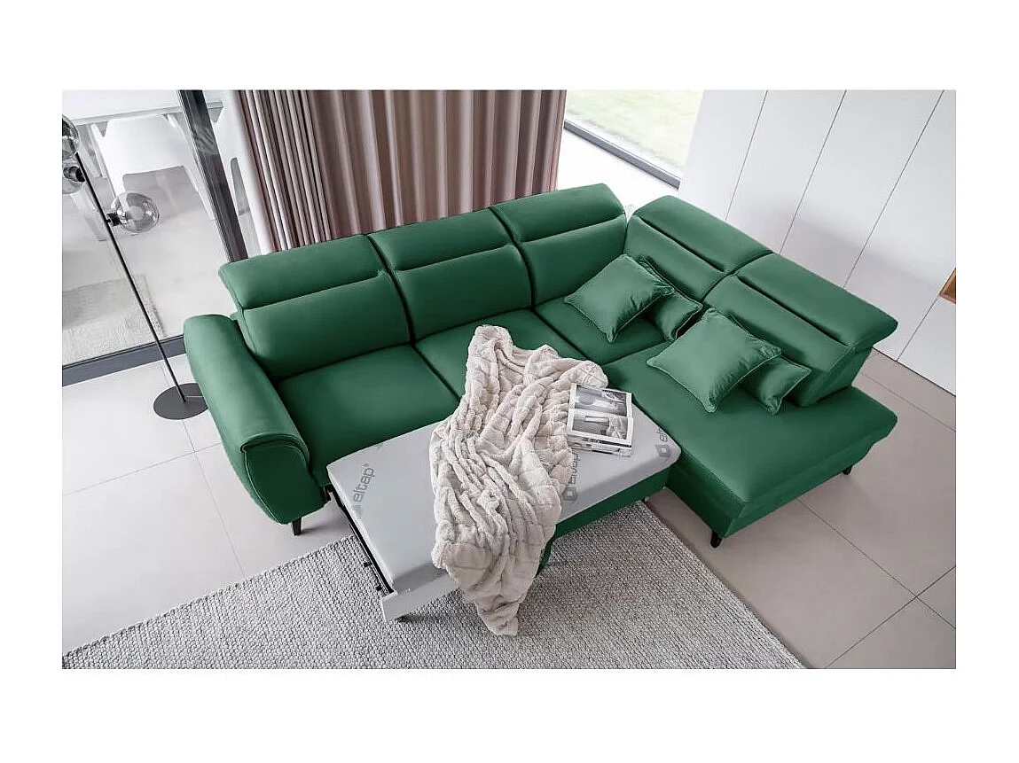 Canapé d'angle convertible avec rangement tissu NOBLESSE - Pieds bois noir-Vert-angle droit