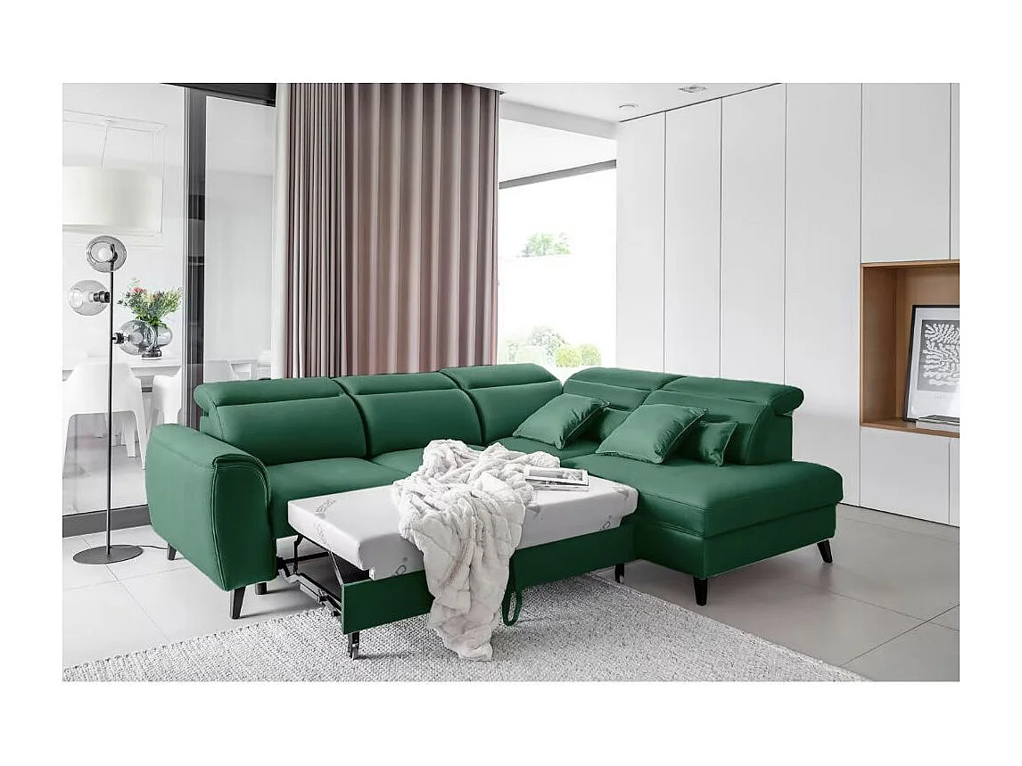 Canapé d'angle convertible avec rangement tissu NOBLESSE - Pieds bois noir-Vert-angle droit