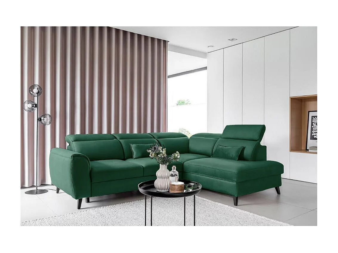 Canapé d'angle convertible avec rangement tissu NOBLESSE - Pieds bois noir-Vert-angle droit