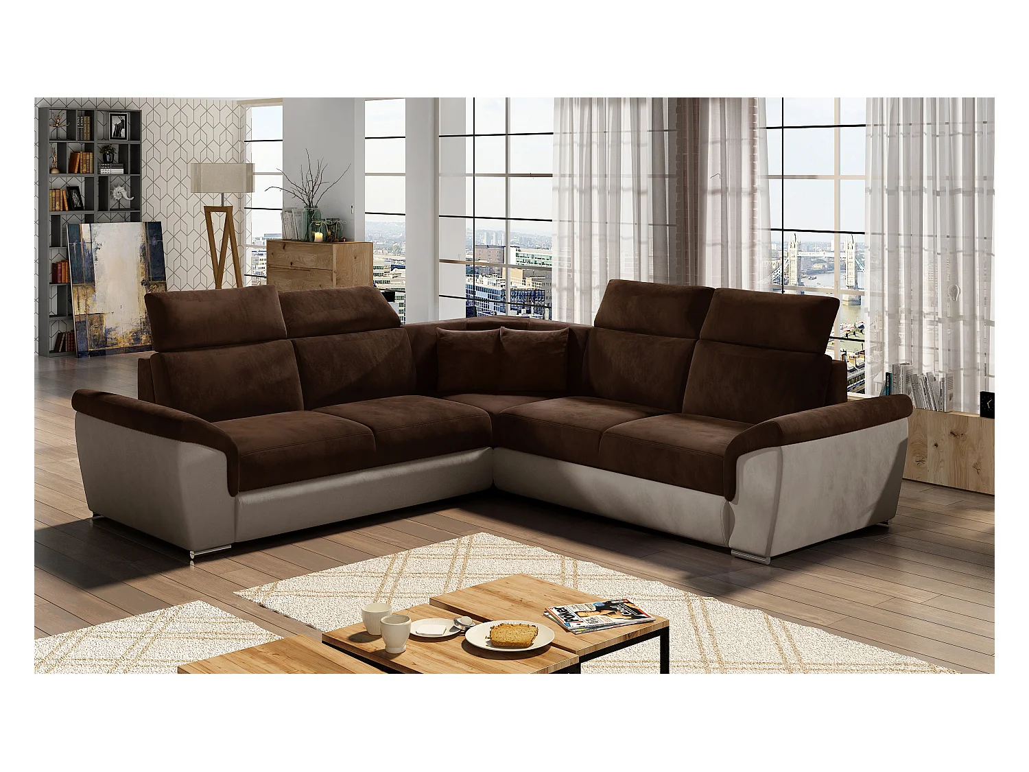 Canapé d'angle réversible et convertible velours Neo - Pieds acier chromé-Beige/Marron