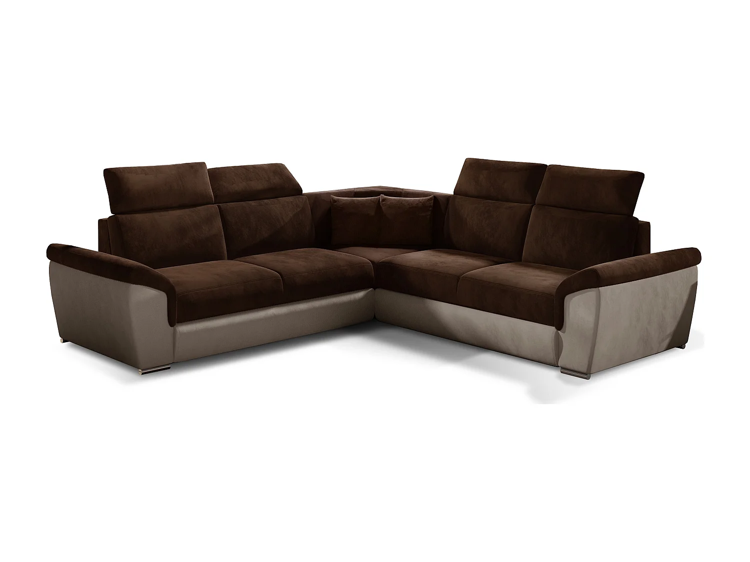 Sofá esquinero Neo reversible y convertible en terciopelo - Patas de acero cromado-Color Beige/Marrón