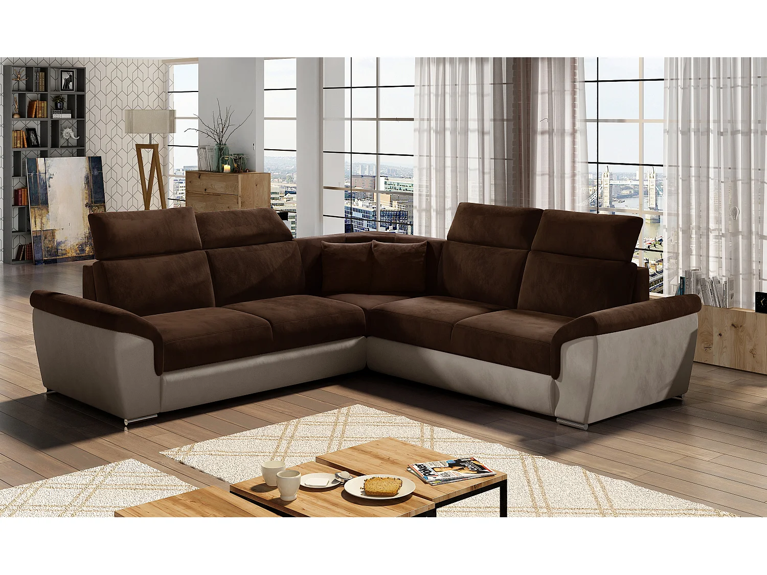 Sofá esquinero Neo reversible y convertible en terciopelo - Patas de acero cromado-Color Beige/Marrón