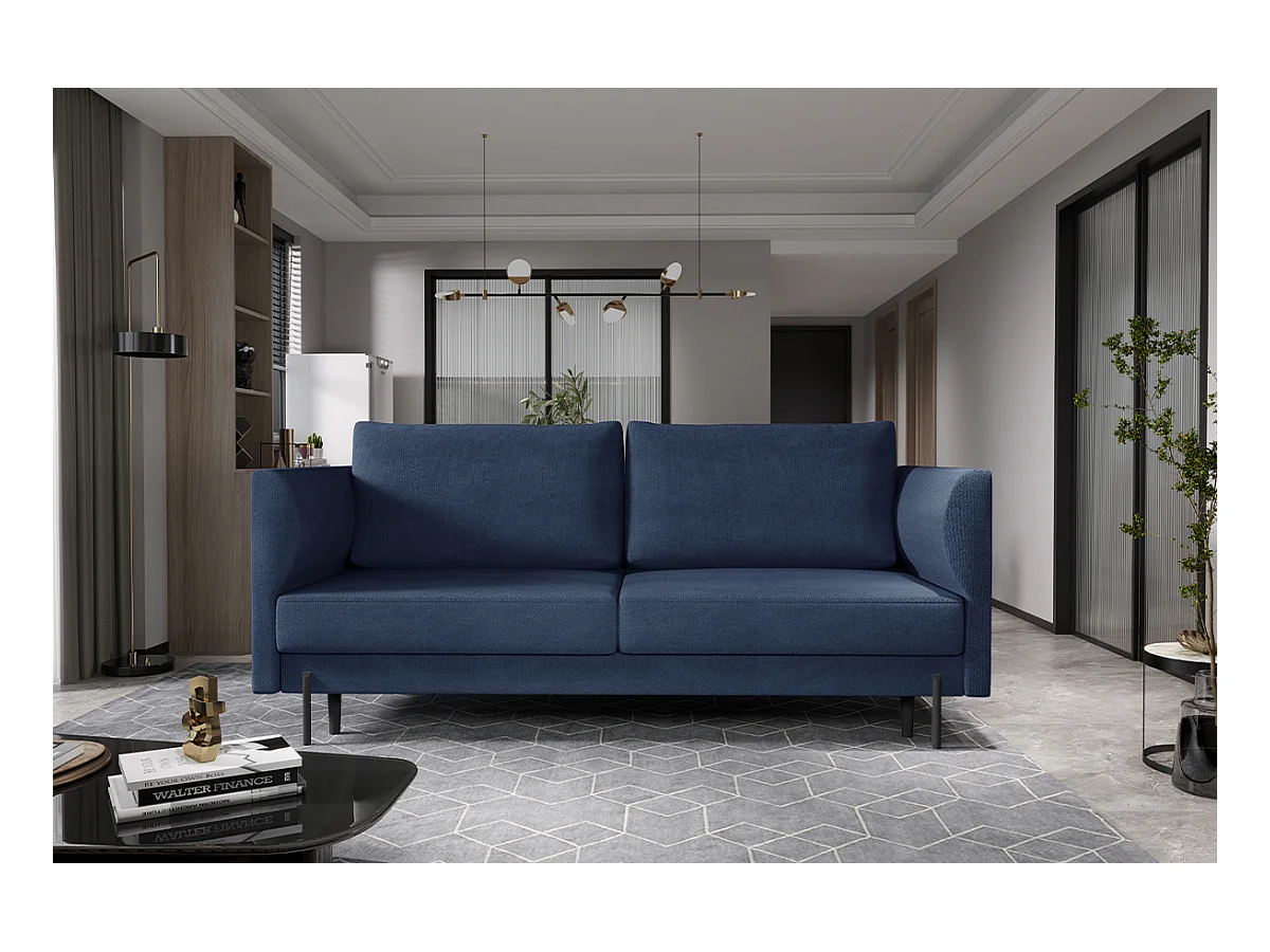Canapé convertible en tissu ROBBY – Rangement et pieds métal noir-Bleu turquin