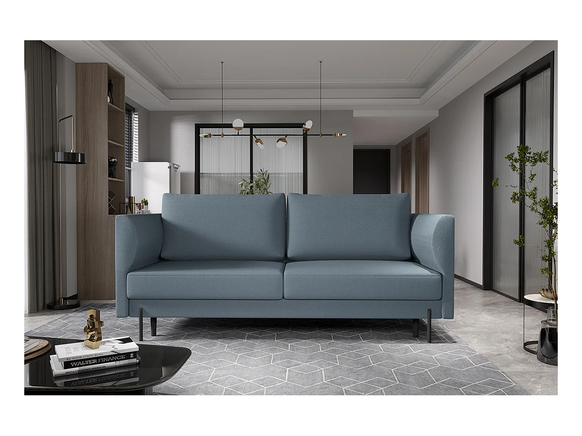 Canapé convertible en tissu ROBBY – Rangement et pieds métal noir-Bleu turquin