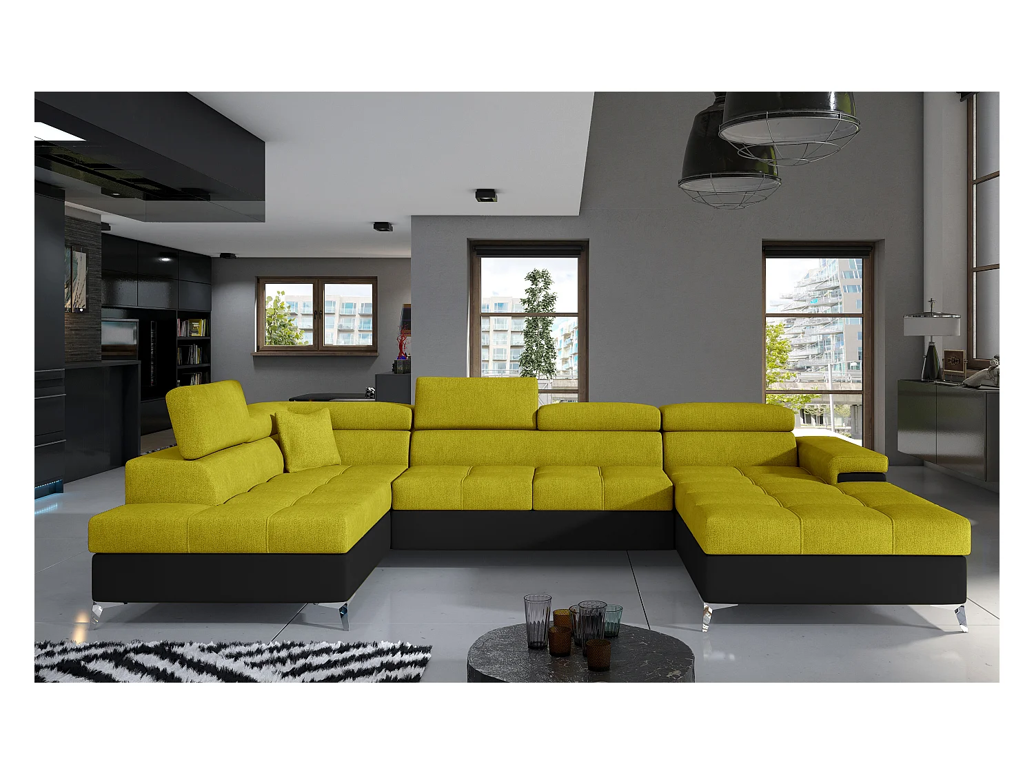 Canapé panoramique convertible KUTTY - Rangement et appuie-têtes réglables-Noir/Jaune olive-Coffre à gauche