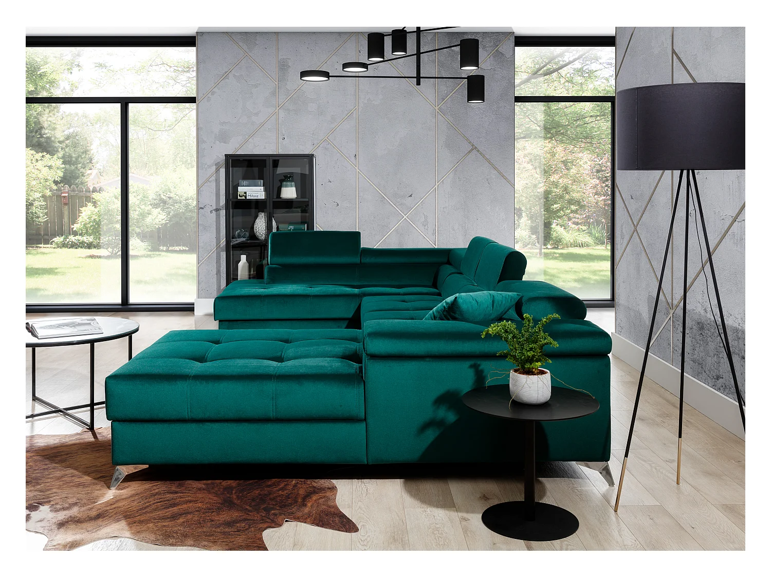 Canapé panoramique convertible KUTTY - Rangement et appuie-têtes réglables-Noir/Jaune olive-Coffre à gauche