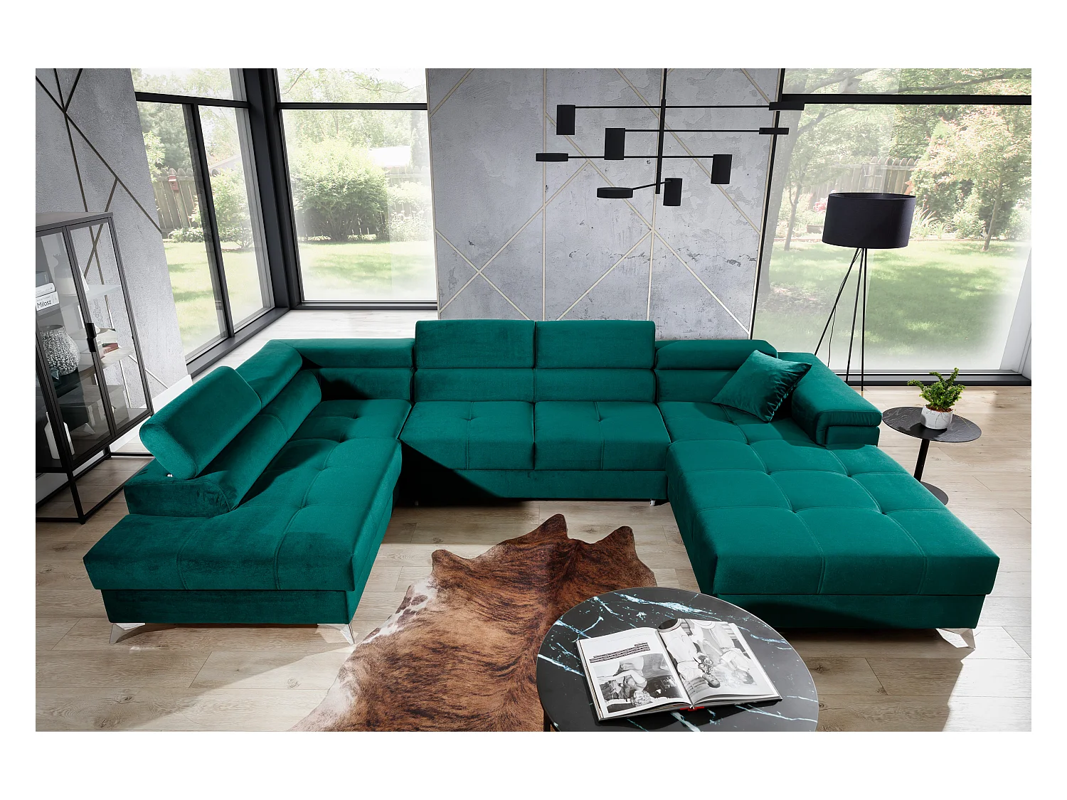 Canapé panoramique convertible KUTTY - Rangement et appuie-têtes réglables-Noir/Jaune olive-Coffre à gauche