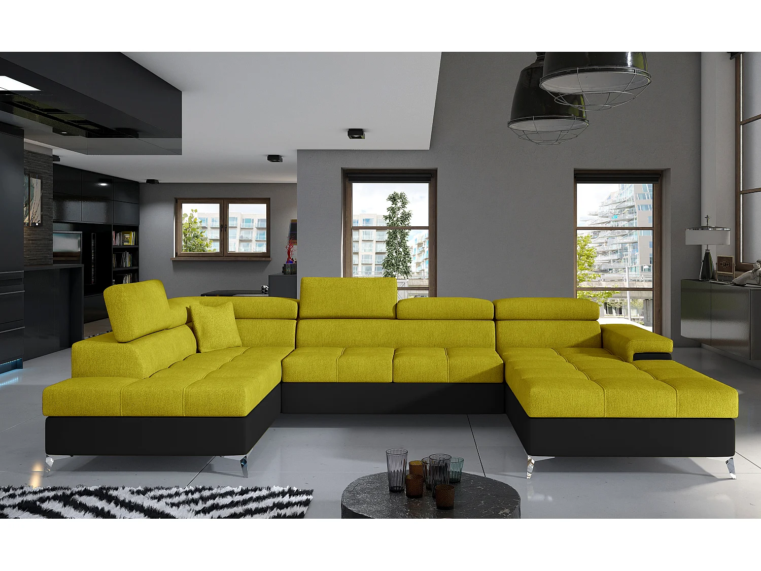 Canapé panoramique convertible KUTTY - Rangement et appuie-têtes réglables-Noir/Jaune olive-Coffre à gauche