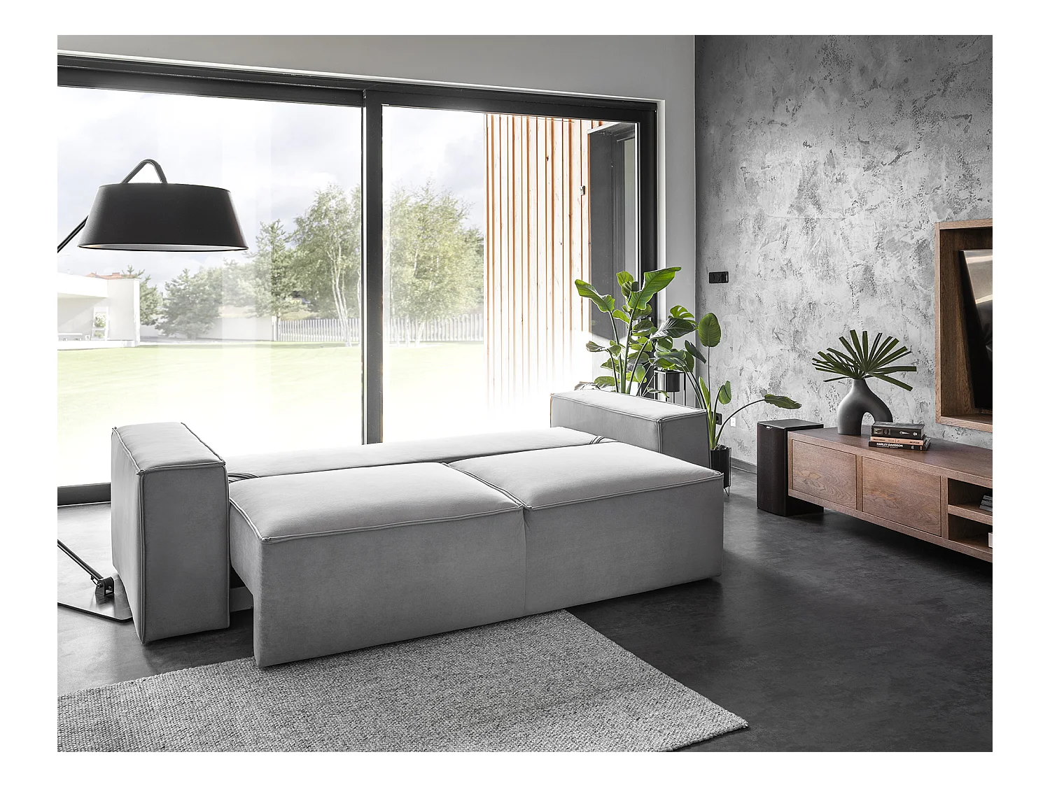 Grand canapé convertible en velours WILACE - Confort moderne et élégant-Gris perle