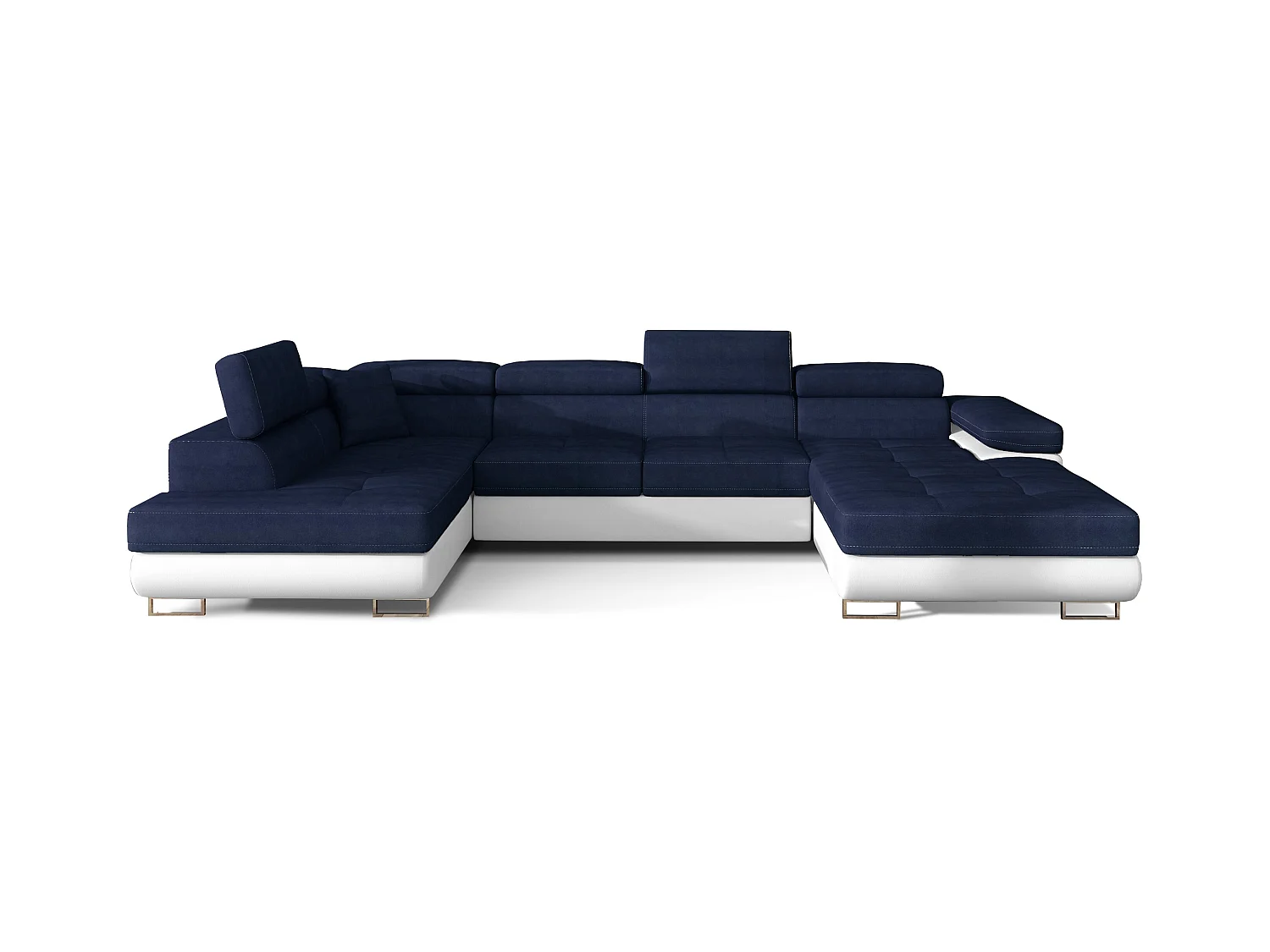 Canapé panoramique convertible ROMANO - Rangement et appuie-têtes réglables-Blanc/Bleu foncé-Coffre à gauche