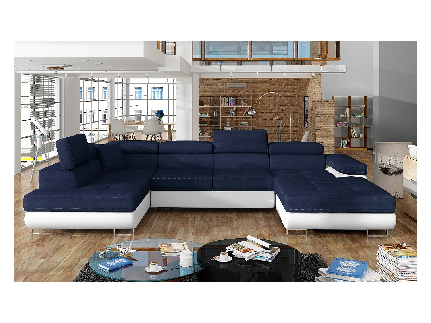 Canapé panoramique convertible ROMANO - Rangement et appuie-têtes réglables-Blanc/Bleu foncé-Coffre à gauche