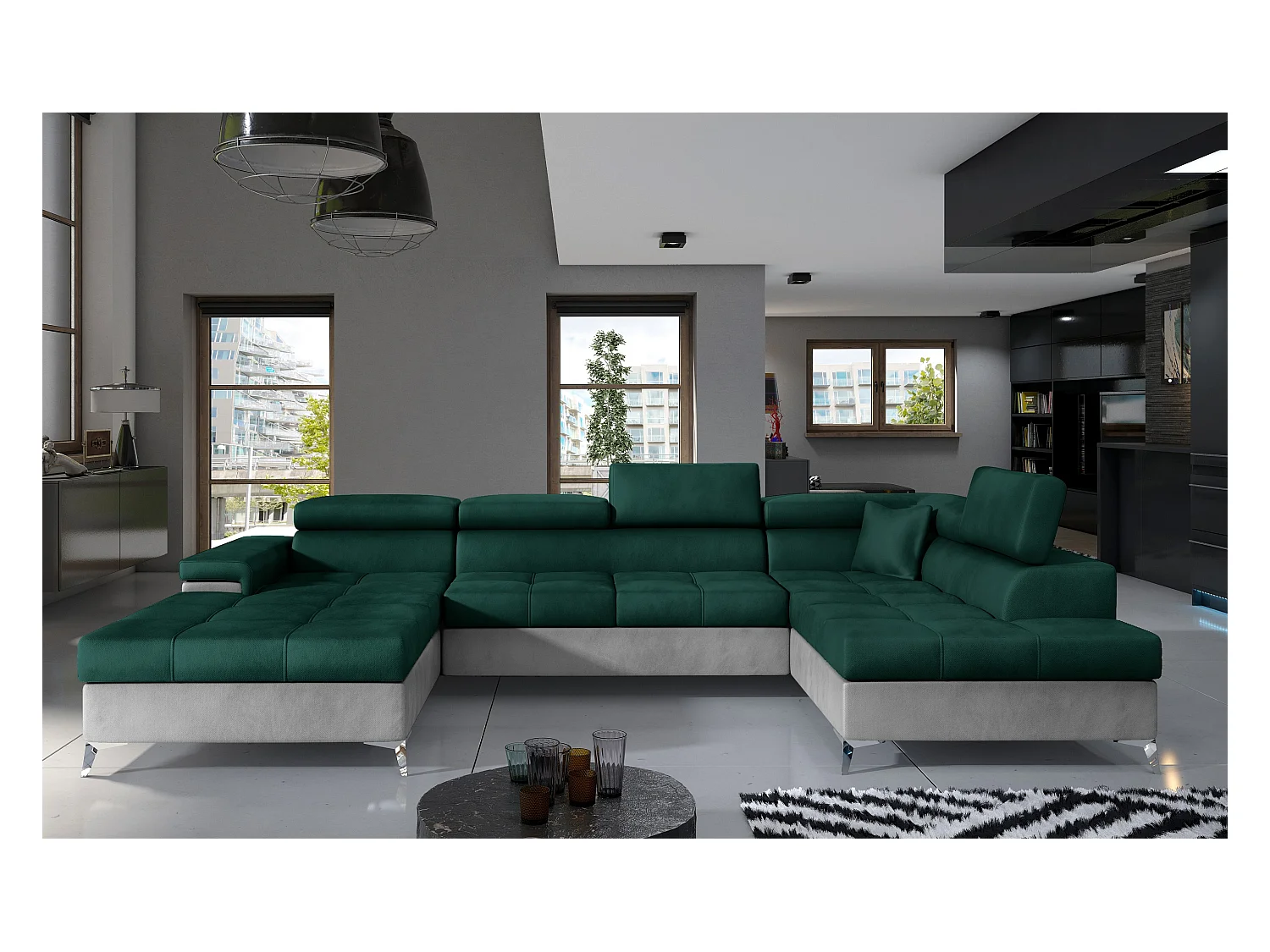 Canapé panoramique convertible KUTTY velours - Rangement et têtières réglables-Gris clair/Vert-Coffre à droite