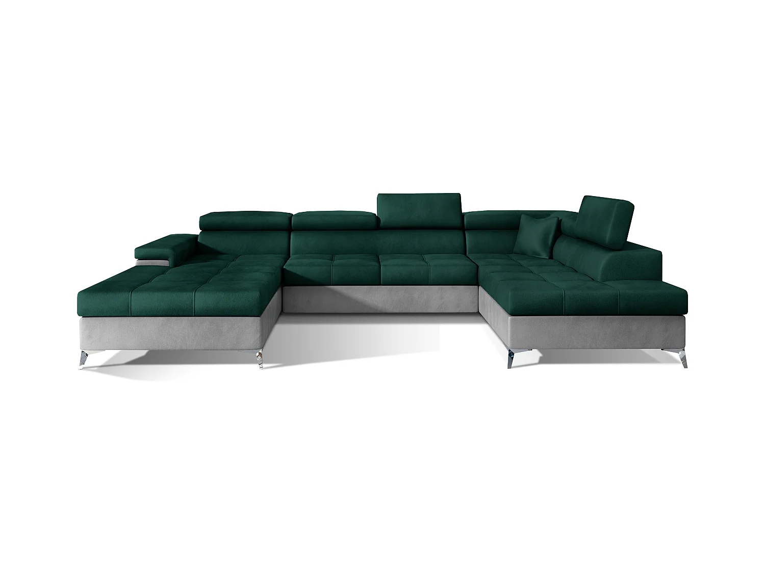 Canapé panoramique convertible KUTTY velours - Rangement et têtières réglables-Gris clair/Vert-Coffre à droite