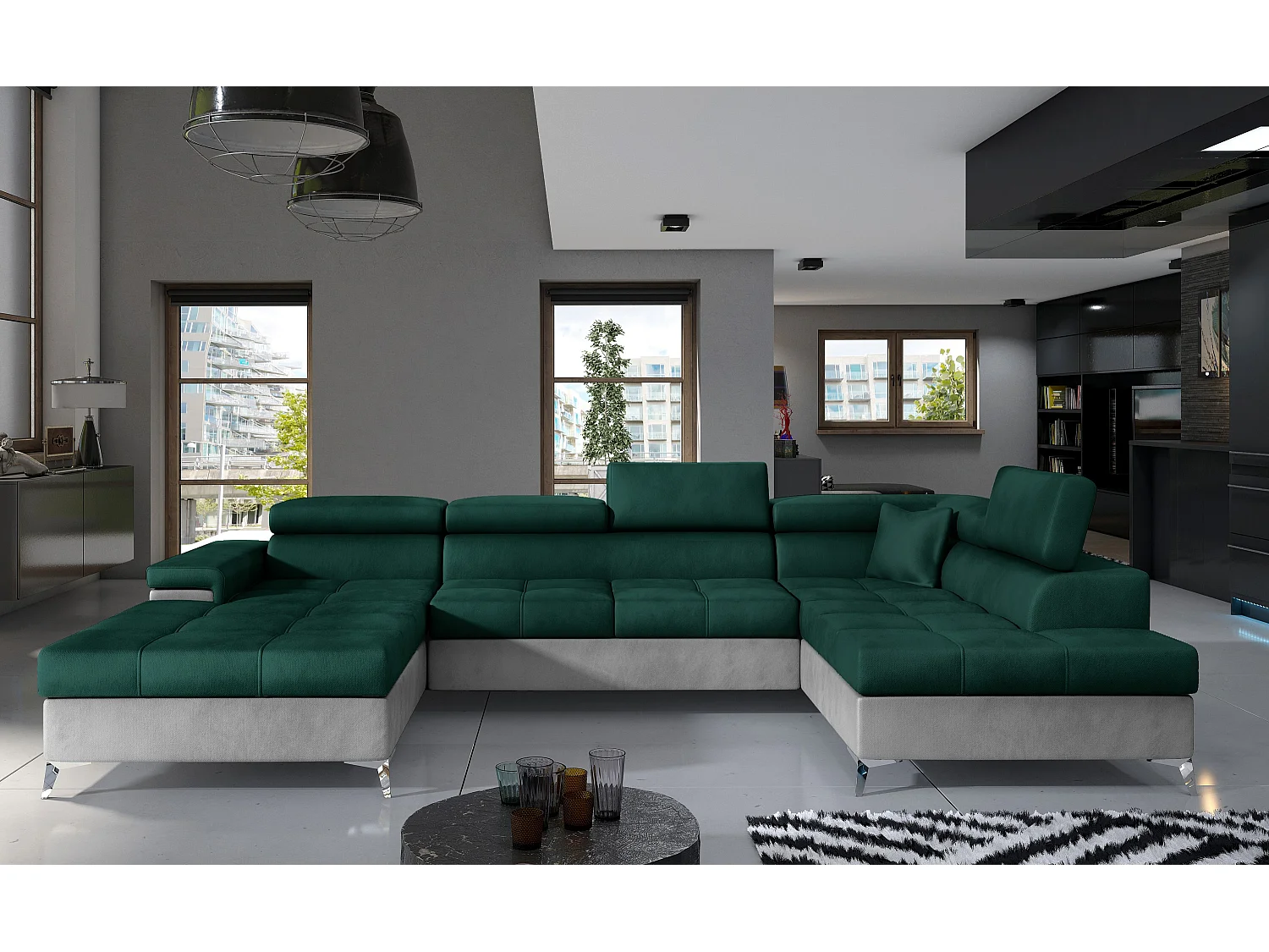 Canapé panoramique convertible KUTTY velours - Rangement et têtières réglables-Gris clair/Vert-Coffre à droite