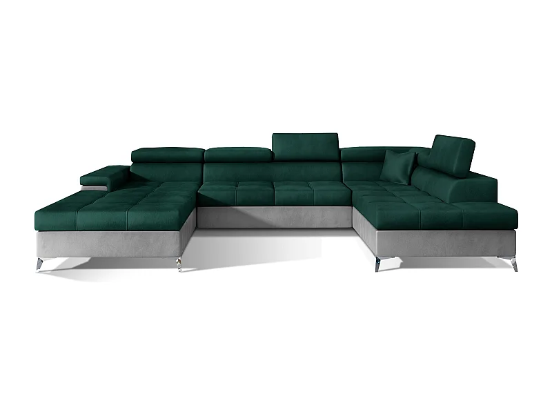 Canapé panoramique convertible KUTTY velours - Rangement et têtières réglables-Gris clair/Vert-Coffre à droite