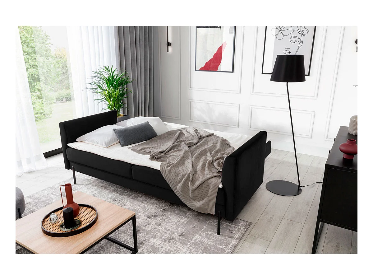 Canapé convertible en velours ROBBY – Rangement et pieds métal noir-Noir
