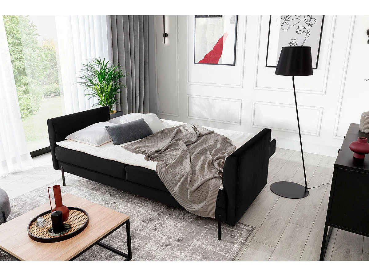 Canapé convertible en velours ROBBY – Rangement et pieds métal noir-Noir