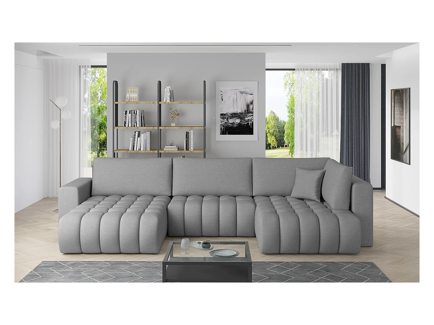 Canapé d'angle panoramique BOSTON en tissu capitonné-Gris chiné-Méridienne A gauche