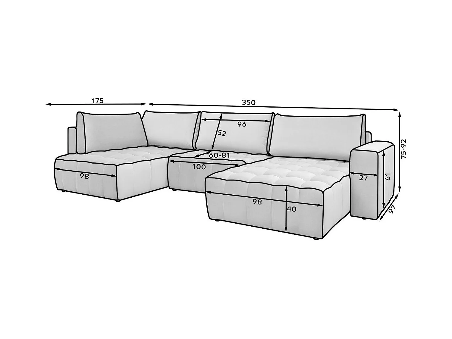 Canapé d'angle panoramique BOSTON en tissu capitonné-Gris chiné-Méridienne A gauche