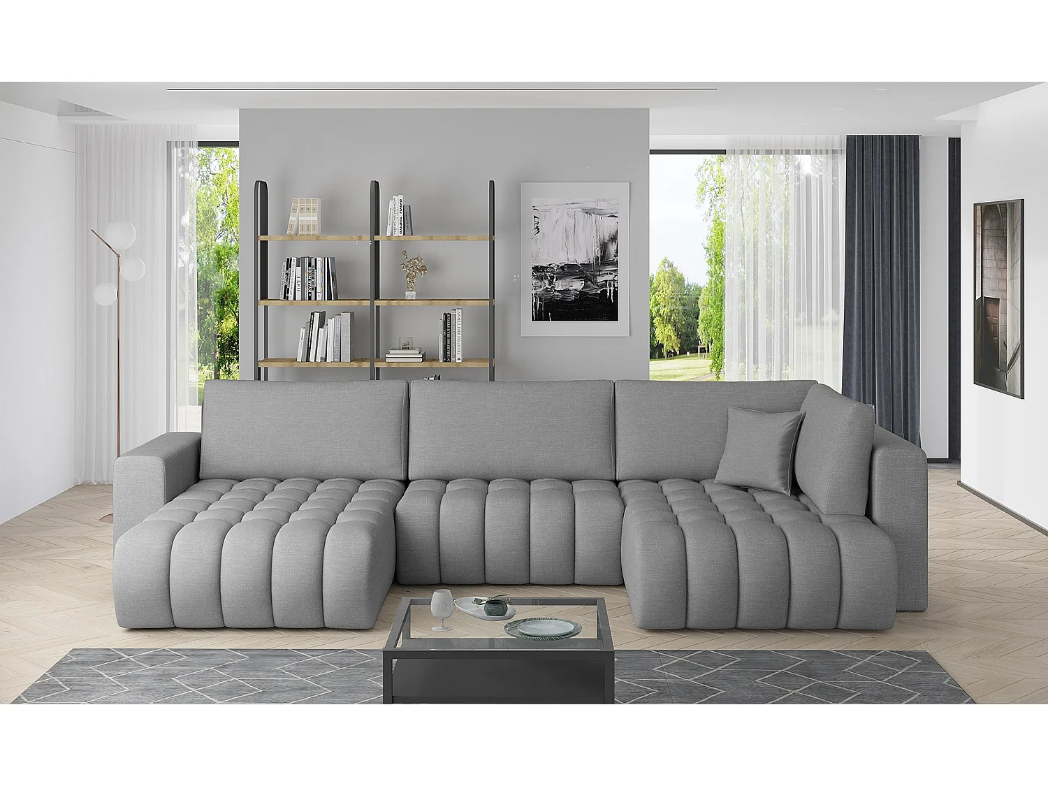 Canapé d'angle panoramique BOSTON en tissu capitonné-Gris chiné-Méridienne A gauche